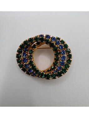 Vintage Rhinestone Brooch Green Blue Triple Loop Interlock Gold Tone Pin
